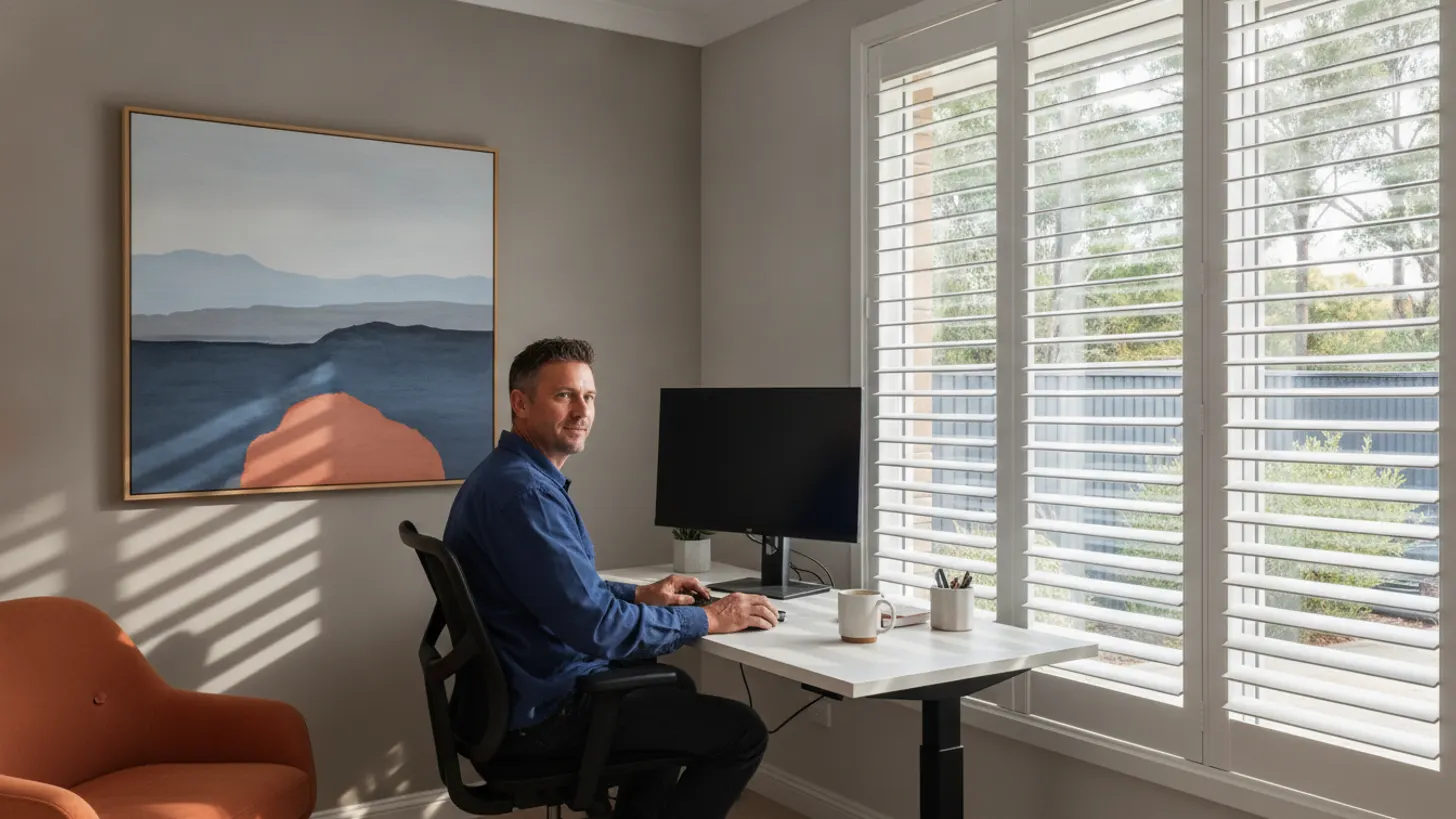 Home office plantation shutters Australia: glare and screen comfort, LuxeShutters